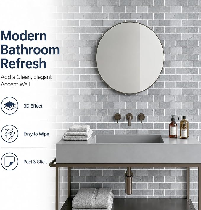 Peel and Stick Backsplash for Kitchen, Grey | 10 pack self‑adhesive tiles for backsplash, bathroom, or accent wall. Easy DIY install and wipeable. Covers approx. 10 sq ft.