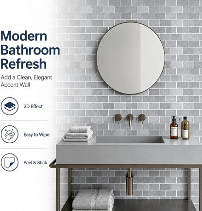Peel and Stick Backsplash for Kitchen, Grey | 10 pack self‑adhesive tiles for backsplash, bathroom, or accent wall. Easy DIY install and wipeable. Covers approx. 10 sq ft.