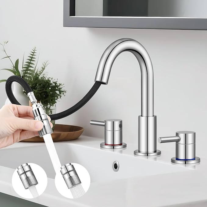 8 Inch Pull Down Bathroom Faucet 3 Hole,Chrome Bathroom Sink Faucet | Stainless Steel,Pull Down Sprayer,Chrome,3 hole Widespread,with Pop-up Drain,Water Supply Hoses,Two Water Flow Modes