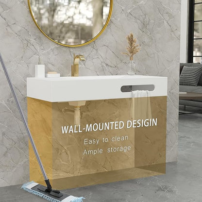 QJ&XY Resin Bathroom Sink 40" Wall Mounted V-Shaped White Basin with Towel Rack, Floating Vanity Sink in Soft-Touch Finish (Single Tier)