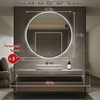 Niccy Round LED Bathroom Mirrors, Black Framed Backlit Vanity Mirror, 44" | LED Smart Circle Mirror with 3 Color Lighting, Anti-Fog Lighted, IP65 Waterproof, Wall Mounted Bathroom Vanity