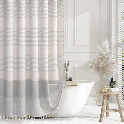 Grey Farmhouse Linen Striped Shower Curtain with Tassel 48"W X 72"L | Boho Farmhouse Shower Curtains with Linen Texture for Bathroom Decor
