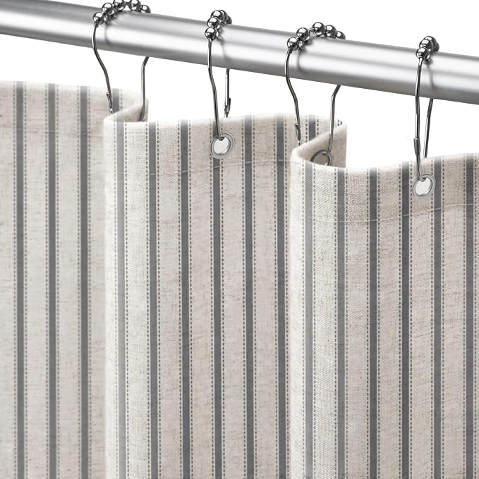 Farmhouse Striped Shower Curtain Grey Vintage Linen Curtain 72"W X 72"L | Striped Shower Curtains with Linen Texture for Bathroom Decor