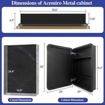 20" x 26" Bathroom Medicine Cabinet with Mirror Door, Brush Gold Stainless Steel Frame, Recessed or Surface Mounted,Storage Cabinet with Adjustable Metal Shelves,Upgraded Version