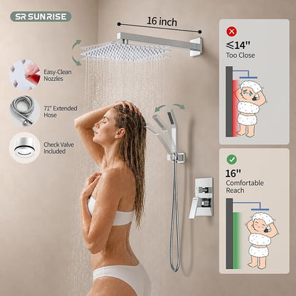 SR SUN RISE Polished Chrome Square Rainfall Shower Head and Handle Set, Wall Mounted Shower Fixtures, Metal Shower Faucet Trim Repair Kits (With Shower Valve)