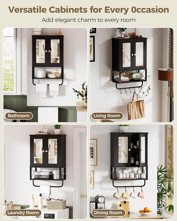 BEWISHOME Bathroom Medicine Cabinet Mirror with Towel Bar, Black | Wall Mounted Cabinet with Adjustable Shelf Hooks, Space-Saving Over-Toilet for Bathroom, Living Room, 7.1x15.4x24.4 Inches