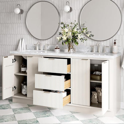 ARIEL Milan 72-inch Bathroom Vanity with Sink,Solid Wood, 1.5-inch Italian Carrara Marble Countertop, Double Rectangular Porcelain Sink, 4 Soft Closing Doors, 3 Dovetail Drawers, Warm White
