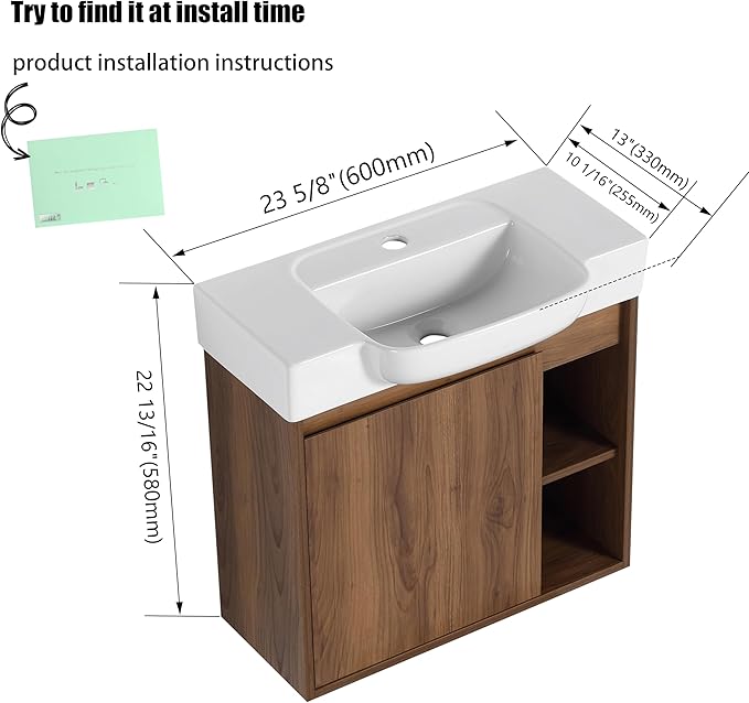 24 Inch Floating Vanity, 24" Bathroom Vanity with Sink, Single Sink Wall Mounted Vanity Combo, Modern Brown Bathroom Vanity Set with 1 Door