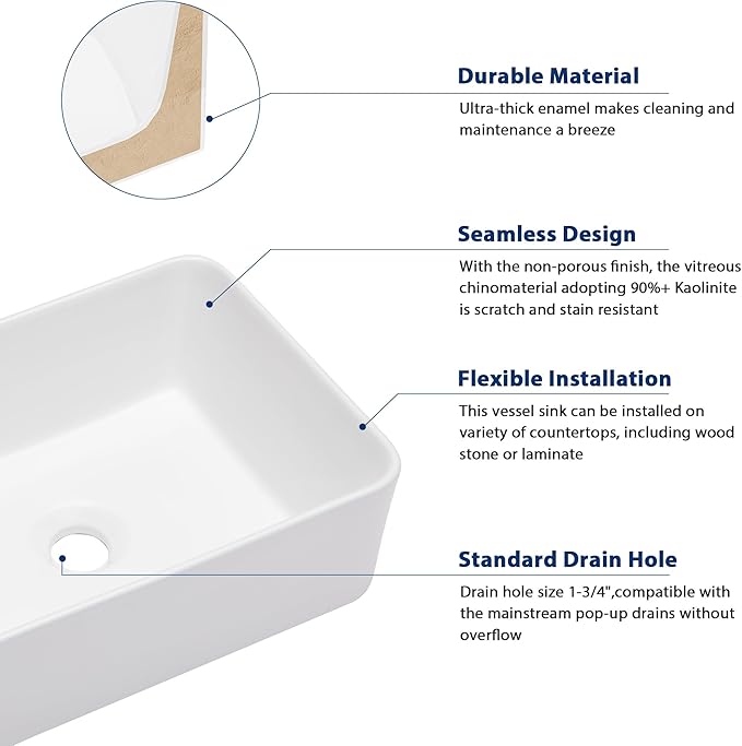 Sarlai Vessel Sink Rectangular - 16x 12 Inch White Bathroom Sink Above Counter Rectangle Modern Porcelain Ceramic Bathroom Vessel Vanity Sink Art Basin Glossy White