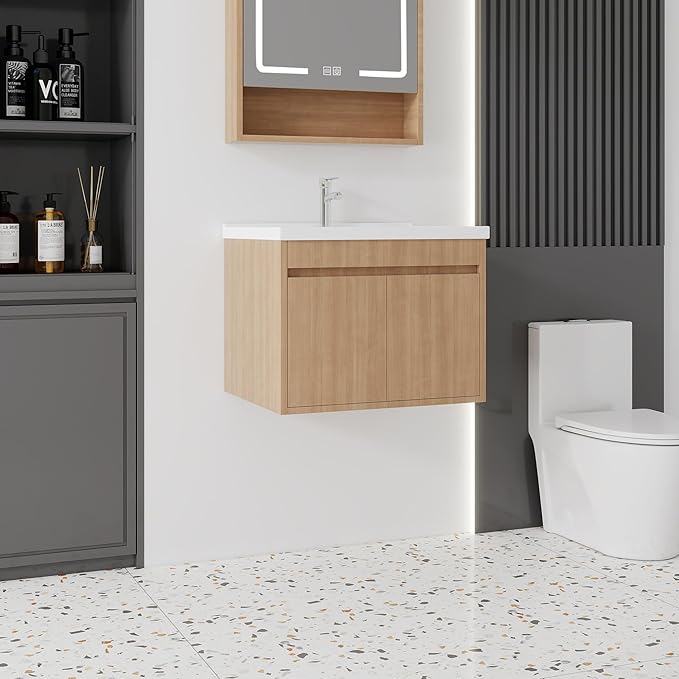 28'' Bathroom Vanity with Ceramic Sink Combo, Wall Mounted Small Bathroom Vanity with Soft-Close Door Modern Floating Cabinet, Pop-up Drain, P-Trap Included, Walnut(No Faucet)
