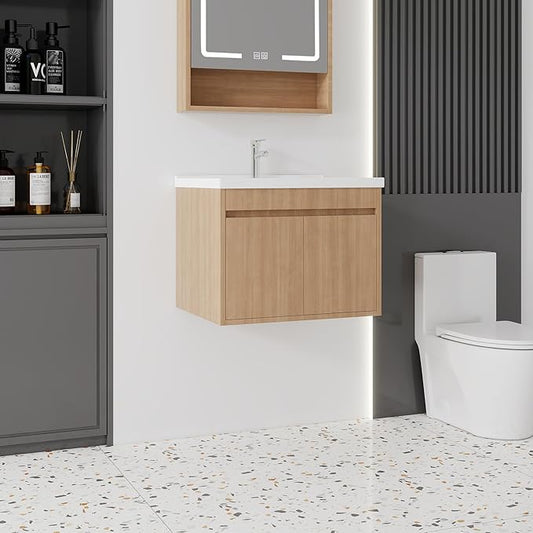 28'' Bathroom Vanity with Ceramic Sink Combo, Wall Mounted Small Bathroom Vanity with Soft-Close Door Modern Floating Cabinet, Pop-up Drain, P-Trap Included, Walnut(No Faucet)