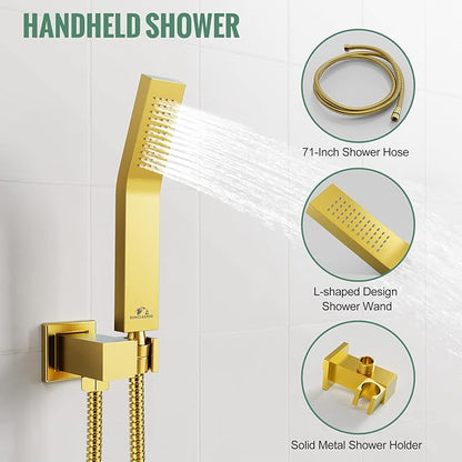 SunCleanse Rainfall Shower System Brushed Gold Ceiling Mounted Shower System Combo Set with High Pressure 12 Inches Square Rain Shower Head Handheld and Shower Faucet Rough-in Mixer Valve and Trim