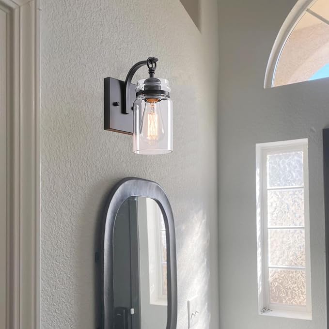 Black Wall Sconces Lighting Fixtures with Clear Glass Indoor 1-Light Bathroom Wall Sconce for Bathroom Hallway Stairwell
