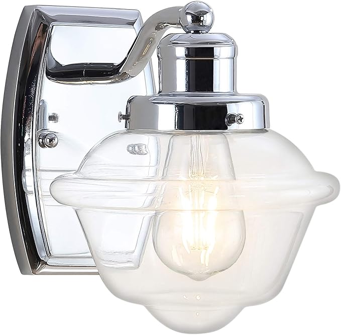 JONATHAN Y 7" Chrome 1-Light Schoolhouse LED Vanity Light, Mid-Century Wall Sconce for Bathroom Kitchen Hallway, Clear Glass Shade, 2700K LED Bulb Included JYL3530A