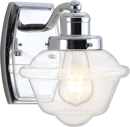 JONATHAN Y 7" Chrome 1-Light Schoolhouse LED Vanity Light, Mid-Century Wall Sconce for Bathroom Kitchen Hallway, Clear Glass Shade, 2700K LED Bulb Included JYL3530A