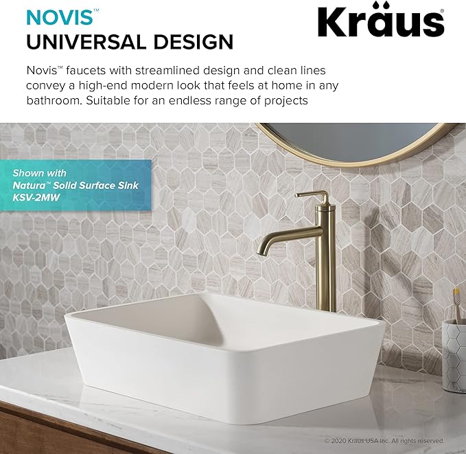 KRAUS Ramus Single Handle Vessel Sink Bathroom Faucet with Pop-Up Drain in Brushed Gold, KVF-1220BG-2PK