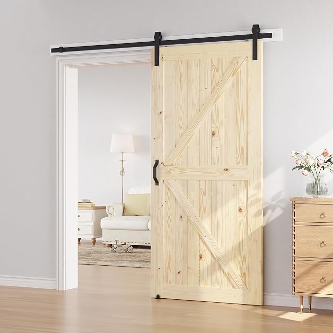 SmartStandard 42in x 84in Sliding Barn Wood Door Pre-Drilled Ready to Assemble, DIY Unfinished Solid Spruce Wood Panelled Slab, Interior Single Door Only, Natural, K-Frame (Fit 7FT - 8FT Rail) | Pre-Drilled Ready to Assemble, DIY Unfinished Solid Spruc...