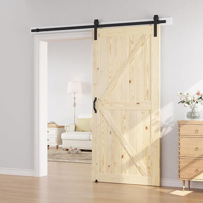 SmartStandard 40in x 84in Sliding Barn Wood Door, Natural, Fit 7FT Rail | Pre-Drilled Ready to Assemble, DIY Unfinished Solid Spruce Wood Panelled Slab, Interior Single Door Only, K-Frame