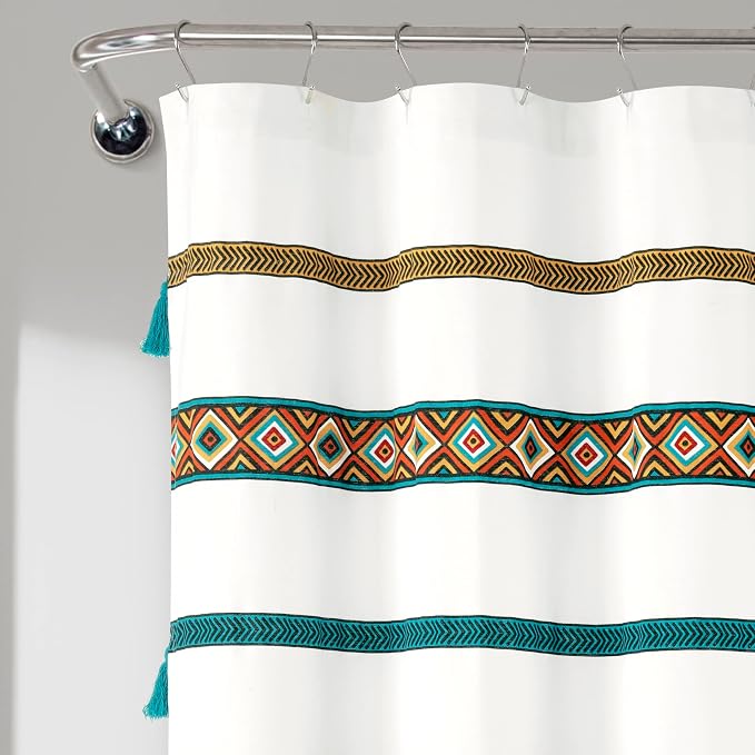 Lush Decor Ava Boho Stripe Tassel Cotton Blend Shower Curtain Single 72" W x 72" L Turquoise & Orange - Striped Shower Curtains for Bathroom Curtain