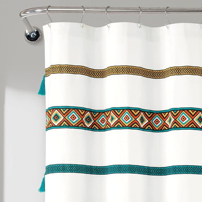 Lush Decor Ava Boho Stripe Tassel Cotton Blend Shower Curtain Single 72" W x 72" L Turquoise & Orange - Striped Shower Curtains for Bathroom Curtain
