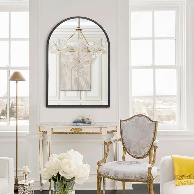Black Arched Bathroom Wall Mirror Brushed Metal Vanity Wall Mounted Mirror for LivingRoom Bedroom Entryway Room vanity Home Decor 28"x20"