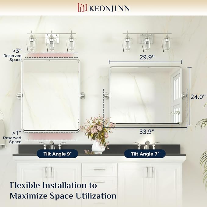 Keonjinn 24x30 Inch Brushed Nickel Povit Mirror for Bathroom, Tilt Mirror | Tenmpered Glass, Rectangle, Adjustable Bathroom Mirrors for Over Sink, Farmhouse, Metal Framed, Horizontal/Vertical