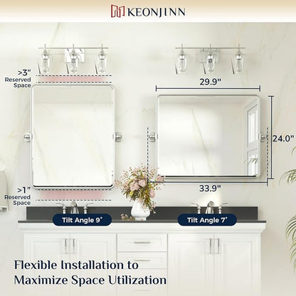 Keonjinn 24x30 Inch Brushed Nickel Povit Mirror for Bathroom, Tilt Mirror | Tenmpered Glass, Rectangle, Adjustable Bathroom Mirrors for Over Sink, Farmhouse, Metal Framed, Horizontal/Vertical