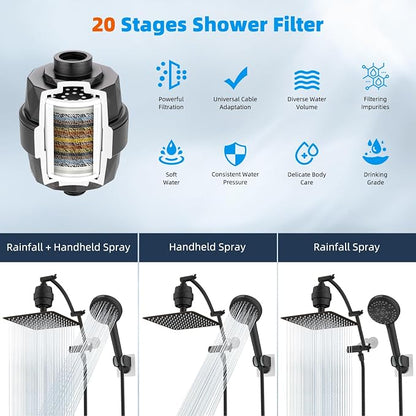 Hibbent 10" Dual Filtered Shower Head, 10-spray Handheld, Oil-Rubbed Bronze | All Metal High Pressure Rainfall Shower Head Combo with Filter, 16" Extension Arm, 3-way Diverter, 71" Hose & Shower Holder