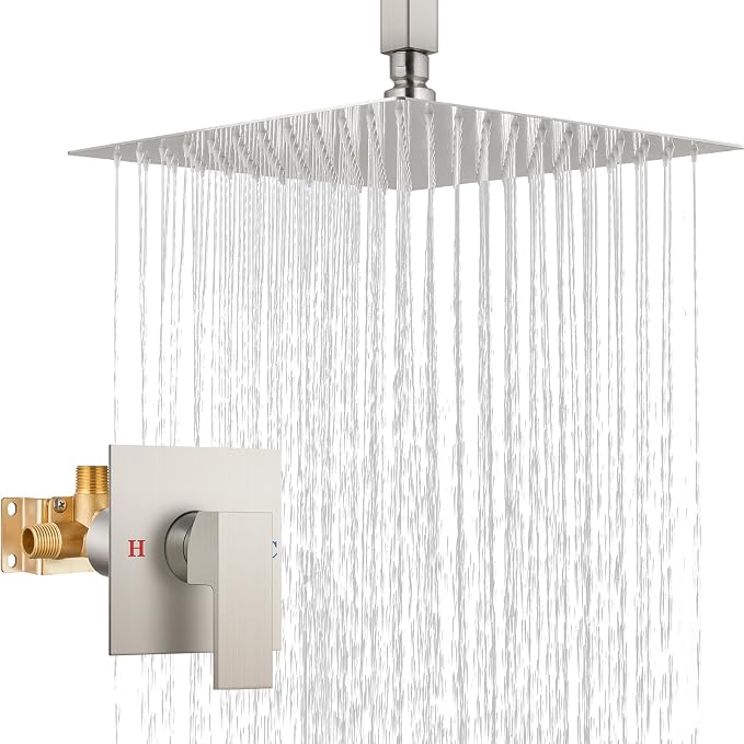 Airuida 12 Inch Brushed Nickel Shower Faucet Set,Rainfall Shower System | Ceiling Shower Head,Male Thread Rough-in Valve,Ceiling Mount,Single Handle