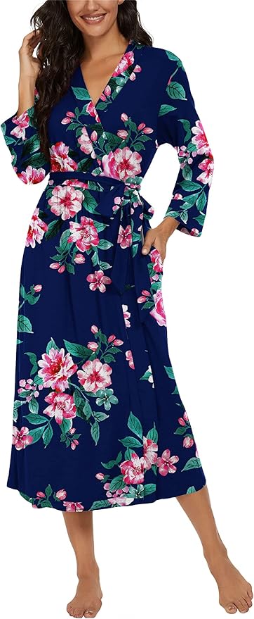 VINTATRE Women Kimono Robes Long Knit Bathrobe Lightweight Soft Knit Sleepwear V-neck Casual Ladies Loungewear
