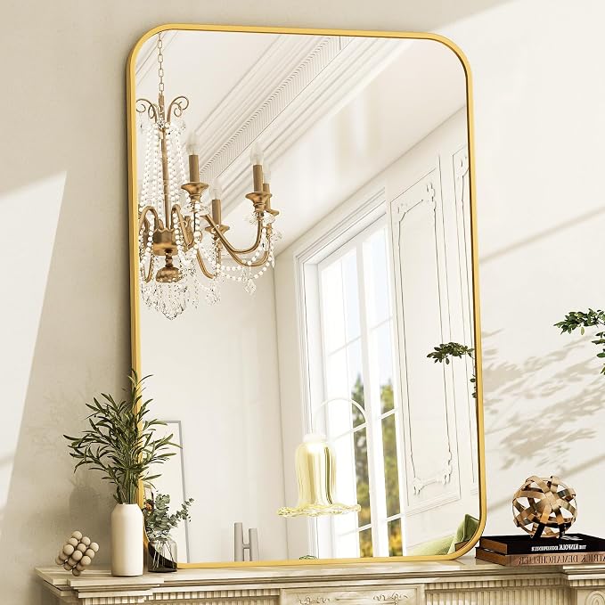 Easly 30 x 40 Inch Bathroom Mirror, Rounded Rectangular Vanity Mirror for Wall, Modern Mirror for Room Decor, Gold Framed Wall-Mounted Mirrors for Home Decor, Hangs Horizontally or Vertically