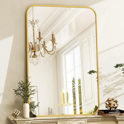 Easly 30 x 40 Inch Bathroom Mirror, Rounded Rectangular Vanity Mirror for Wall, Modern Mirror for Room Decor, Gold Framed Wall-Mounted Mirrors for Home Decor, Hangs Horizontally or Vertically