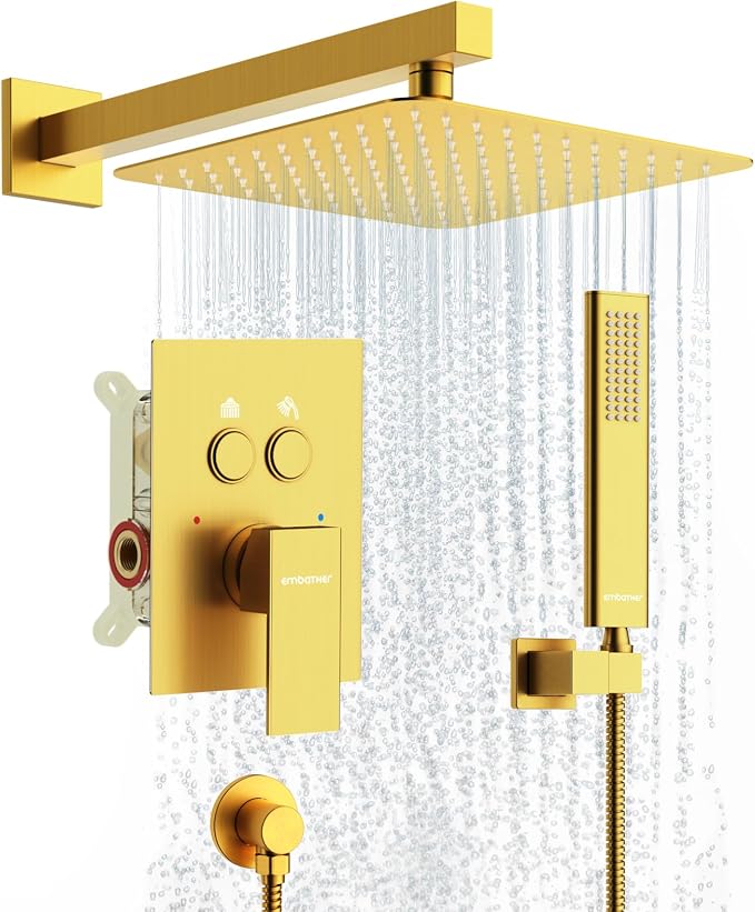 Shower System Shower Faucet Set with Push-Button Diverter and Wall Supply Elbow 10 Inch Shower Head Brushed Gold