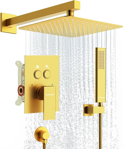 Shower System Shower Faucet Set with Push-Button Diverter and Wall Supply Elbow 10 Inch Shower Head Brushed Gold