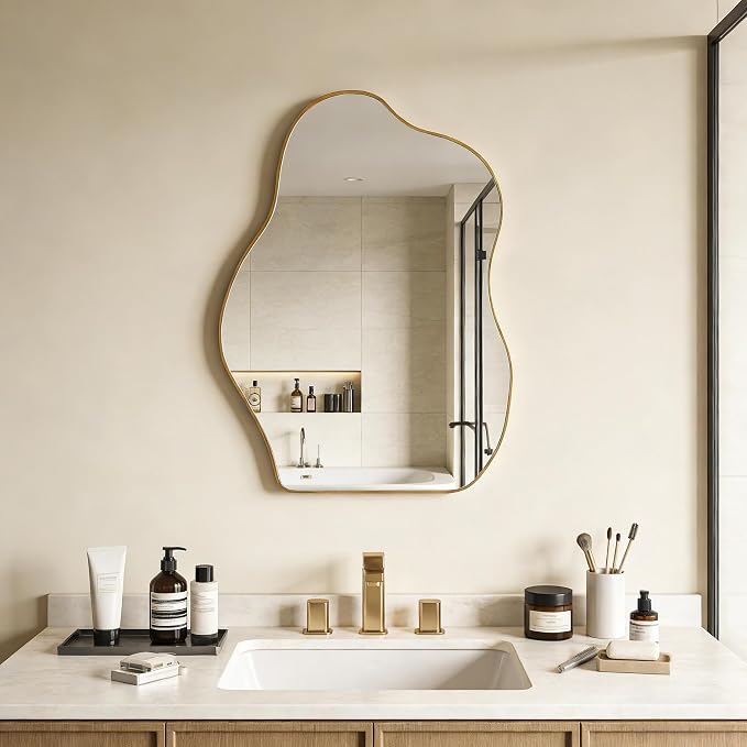 Irregular Asymmetrical Wall Mirror, 28x20 Inch Gold Bathroom Mirror | Decorative Wall Mirror, HD Tempered Glass, Golden Wood Framed Mirror for Bathroom Living Room Entryway Bedroom Hallway
