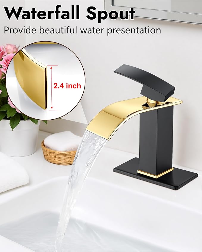Midanya Waterfall Bathroom Faucet 1 Hole,Polish Gold Spout/Matte Black | with 24” Hoses,Pop Up Drain,6” Deck Plate,for 1 or 3 Hole Vanity,Lavatory,RV,Single Handle Bathroom Sink Faucet,NSF Certified