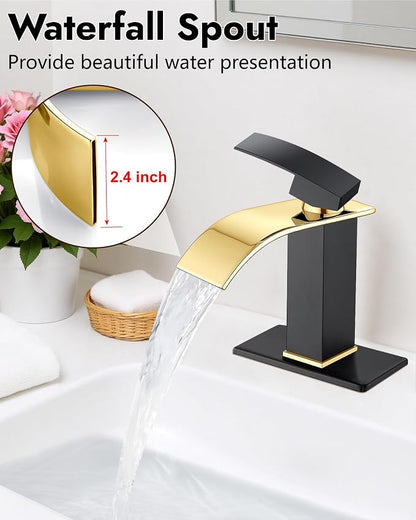 Midanya Waterfall Bathroom Faucet 1 Hole,Polish Gold Spout/Matte Black | with 24” Hoses,Pop Up Drain,6” Deck Plate,for 1 or 3 Hole Vanity,Lavatory,RV,Single Handle Bathroom Sink Faucet,NSF Certified