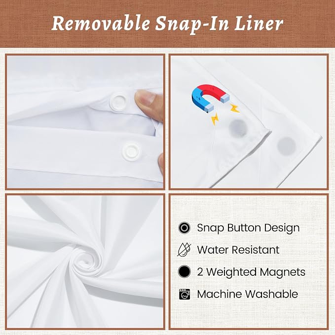WONICY No Hook Linen Look Shower Curtain with Snap-in Liner, Cream, 71 x 77 | Ringless, Waterproof & Washable, Hotel Style, Mesh Top Window, Bottom Magnets, Thick, Farmhouse, for Bathroom