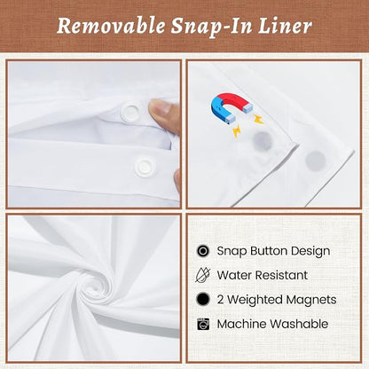WONICY No Hook Linen Look Shower Curtain with Snap-in Liner, Cream, 71 x 77 | Ringless, Waterproof & Washable, Hotel Style, Mesh Top Window, Bottom Magnets, Thick, Farmhouse, for Bathroom