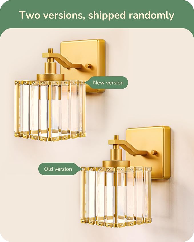 EDISHINE Modern Gold Crystal Wall Sconces Set of 2, Bathroom Vanity Lights | Hardwired, 1-Light, Standard E26 Base, Up Down Mounting, Bath Lamp for Living Room, Bedroom, Powder Room, Gold