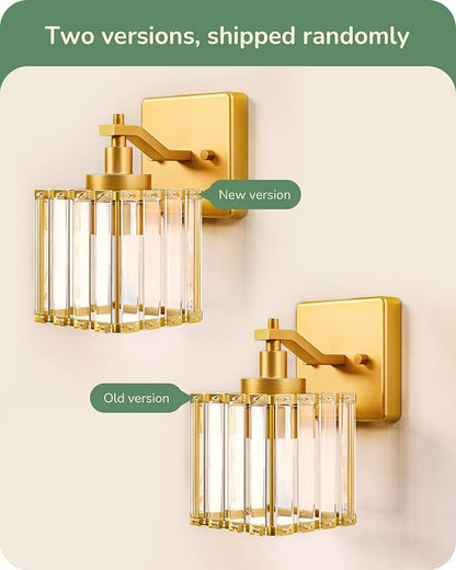 EDISHINE Modern Gold Crystal Wall Sconces Set of 2, Bathroom Vanity Lights | Hardwired, 1-Light, Standard E26 Base, Up Down Mounting, Bath Lamp for Living Room, Bedroom, Powder Room, Gold