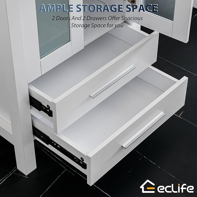 eclife 84" Modern Bathroom Vanity Sink Combo Freestanding Cabinet with Small Side Cabinet, White Square Ceramic Vessel Sink, Water Save Faucet, Drain (White+A07)