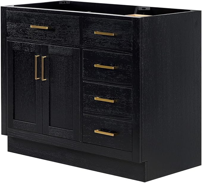 ARIEL Hepburn 42-inch Bathroom Vanity Base Cabinet,Solid Wood, 2 Soft Closing Doors, 5 Dovetail Drawers, Black Oak