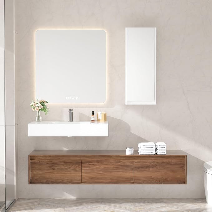 60 Inch Floating Bathroom Vanity with Single Sink, Modern Wall-Mounted Bathroom Cabinet with Resin Sink & Soft Close Drawers & Side Cabinet, Split-Level Layout (Walnut, 60"+1 Side Cabinet)