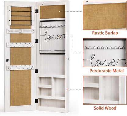 SRIWATANA Washed White Jewelry Cabinet with Full Length Mirror, Solid Wood | Wall & Door Mounted Wood Jewelry Armoire; Space-Saving Mirror Cabinet with Lockable Door & Large Capacity