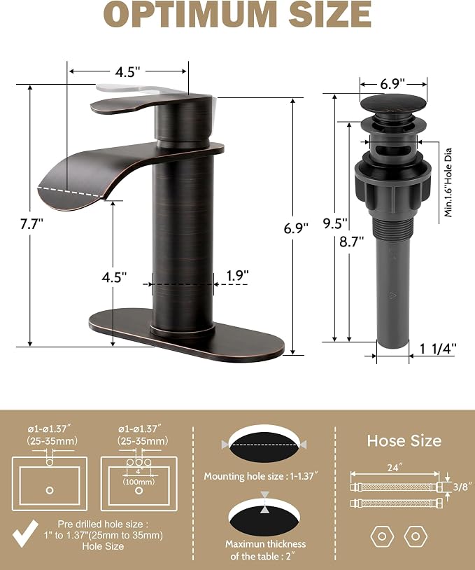Waterfall Bathroom Faucet Single Handle – WOWOW Modern Oiled Rubbed Bronze Vanity Sink Faucet, Stainless Steel Basin Sink Tap for RV Lavatory 1 or 3 Hole, Hot & Cold Mixer Tap with Pop up Drain