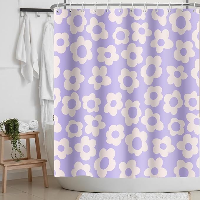 Purple Flower Shower Curtain Vintage Flower 70s 80s Abstract Floral Cute Violet Fabric Shower Curtains Bathroom Accessories 72x72