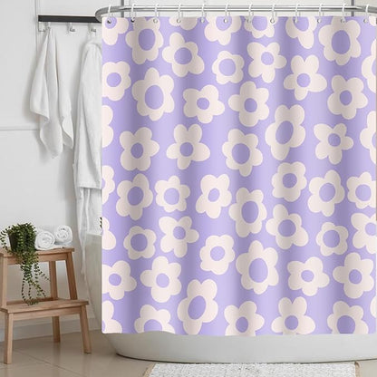 Purple Flower Shower Curtain Vintage Flower 70s 80s Abstract Floral Cute Violet Fabric Shower Curtains Bathroom Accessories 72x72
