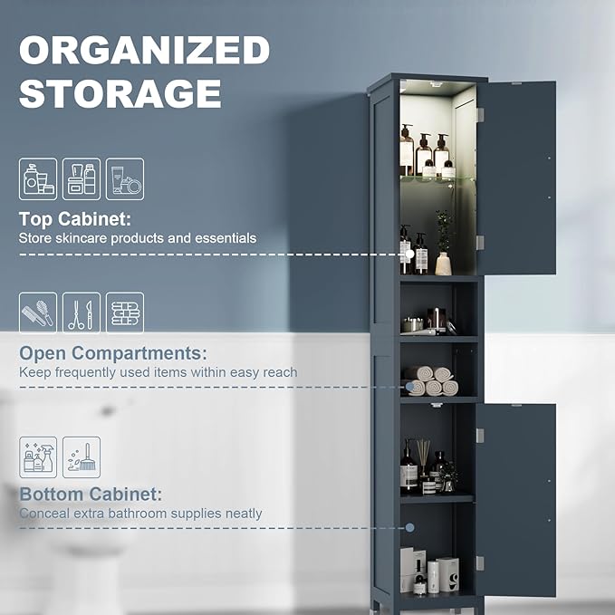 67" Tall Bathroom Storage Cabinet with Lights, Slim Narrow Bathroom Cabinet Organizer with Doors and Adjustable Shelves, Tall Cabinet for Small Space (66.9" Tall-Blue with Light)
