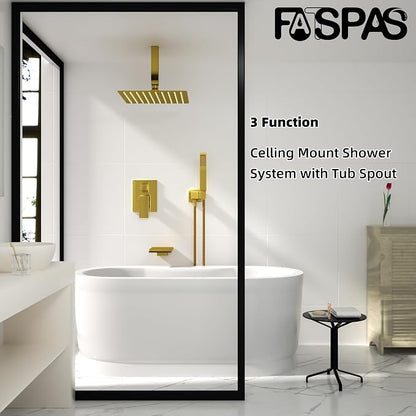 Shower System with 10-Inch Rain Head and Tub Spout | All-Metal Tub Shower Faucet Set, Ceiling Mount Rain Showerhead, Handheld Spray, Includes Valve and Trim Kit, Brushed Gold